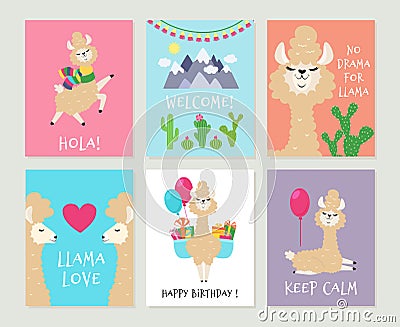 Llama invitations. Cute alpaca birthday greeting card. Cartoon funny pink lamas girls backgrounds Vector Illustration