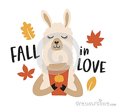 Llama Drinking Pumpkin Spice Latte Coffee in Fall Vector Illustration