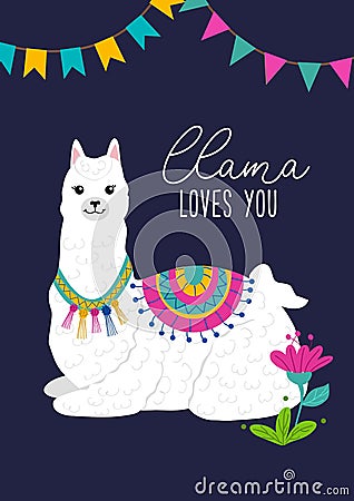 Llama loves you inspirational inscription with hand drawn llama and doodles. Cute vector alpaca illustration for greeting cards, Vector Illustration