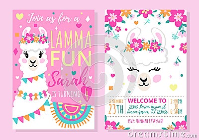 Llama party invitation template with colourful design Vector Illustration