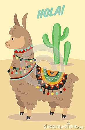 Llama saying Hola. Greeting card with cute funny alpaca animal Vector Illustration