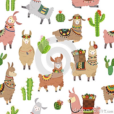 Llama seamless pattern. Baby llamas cute alpaca and cacti wild lama. Peru camel, girl wallpaper vector animal texture Vector Illustration