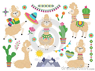 Llama set. Baby llamas cartoon alpaca, wild lama. Girl invitation elements vector Vector Illustration