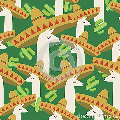 Llama in sombrero seamless pattern, flat vector stock illustration with mexican cactus as wallpaper, background with headdress Cartoon Illustration