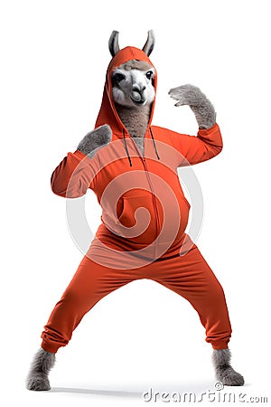 llama in a sports suit stretches on a white background, Generative AI Stock Photo