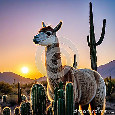 llamstanding in field of cactus at sunset with head of plant in the Cartoon Illustration
