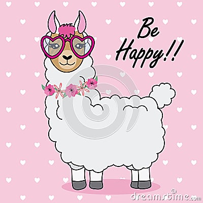 Llama with sunglasses and flowers Vector Illustration