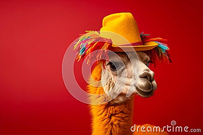 Llama wearing colourful traditional hat on a red background. Generative AI Stock Photo