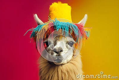 Llama wearing colourful traditional hat on a red yellow background. Generative AI Stock Photo