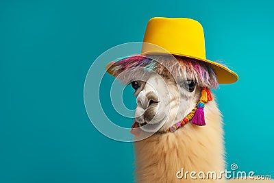 Llama wearing colourful traditional hat on turquoise background. Generative AI Stock Photo