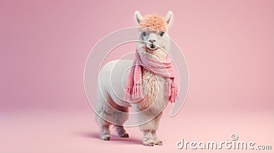 A llama wearing a pink scarf against a vibrant pink backdrop Stock Photo