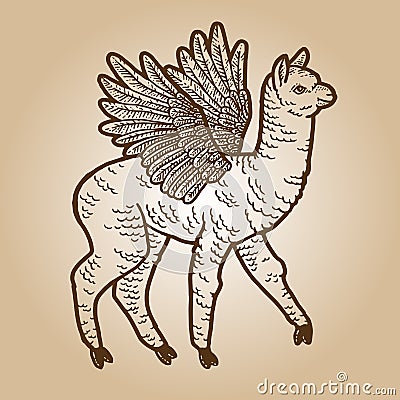 Llama with wings. Engraving sketch scratch board imitation. Sepia hand drawn image. Cartoon Illustration