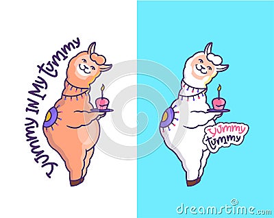 The llamas alpacas are with cupcakes. Cartoon characters Vector Illustration