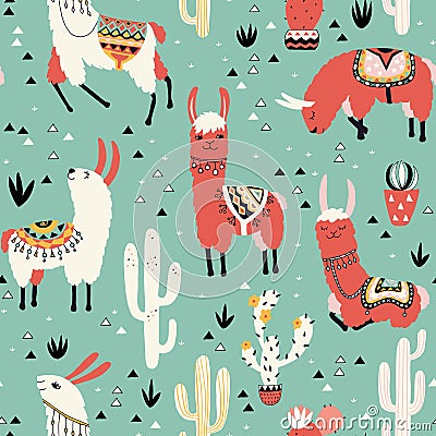 Llamas and cactus in a pot on green Vector Illustration