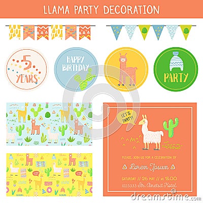 Llamas Childish Decorative Elements Set. Hand Drawn Children Lamas Cards, Stickers, Labels for Happy Birthday Party Vector Illustration