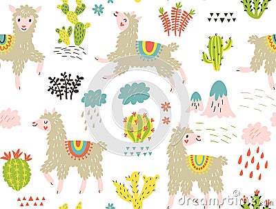 Vector seamless pattern. Llamas and flowers Vector Illustration