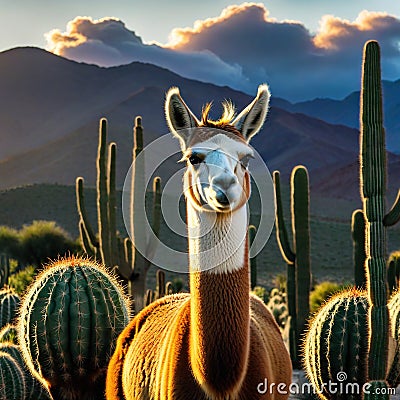 llamstanding in field of cactus at sunset with head of plant in the Cartoon Illustration