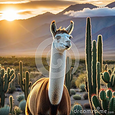 llamstanding in field of cactus at sunset with head of plant in the Cartoon Illustration