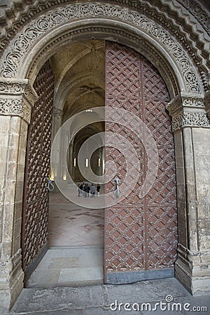 Lleida, Spain, May 1, 2020 - medieval wooden gates of La Seu Vella cathedral Editorial Stock Photo