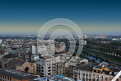 Air View of the evening city of Lleida, Spain Editorial Stock Photo