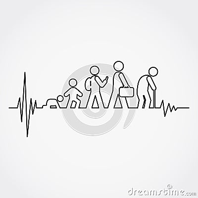 Lline of the pulse with man lifecycle from birth to old age in silhouettes. Vector Illustration