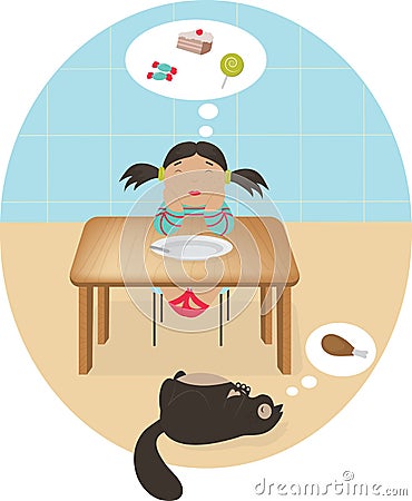 Llittle cartoon girl dreaming of cake and sweets and cat Vector Illustration