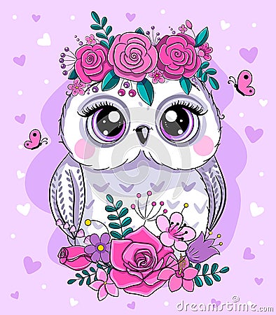 Llittle cute owl and flowers. cartoon vector illustration Vector Illustration