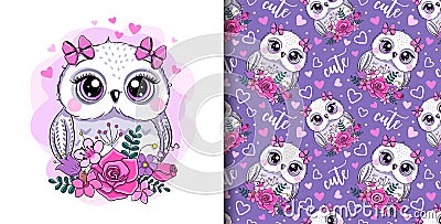 Llittle cute owl and flowers. Seamless pattern. Greeting Birthday Card or children's clothing design. Vector Illustration