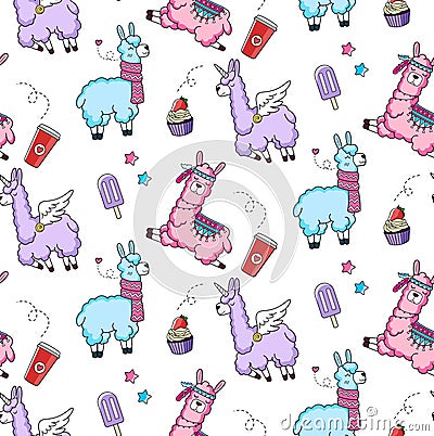 Lllama seamless pattern with cute llamas and doodles. Alpaca design for textile, prints etc. Vector Illustration