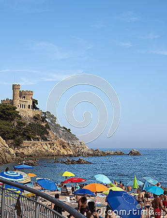 Lloret de Mar, Spain - August 23, 2023: Castel d'en Platja - beautiful castle and city beach i Editorial Stock Photo