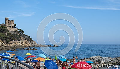 Lloret de Mar, Spain - August 23, 2023: Castel d'en Platja - beautiful castle and city beach i Editorial Stock Photo