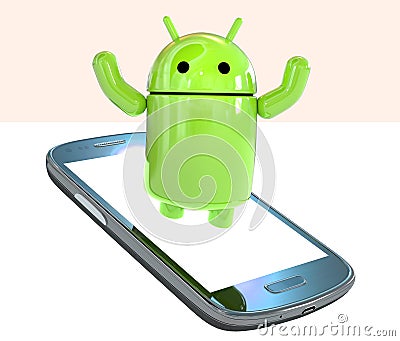 Google Android OS logo mascot robot emerging from a smartphone isolated on white background Editorial Stock Photo