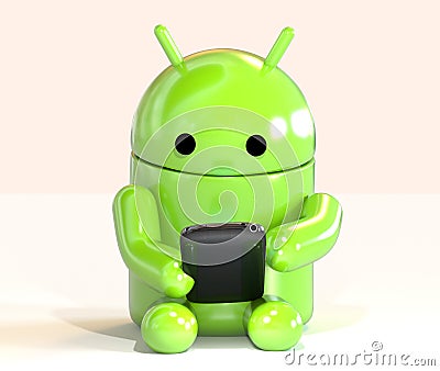 Google Android OS mascot robot using smartphone isolated on white background Editorial Stock Photo