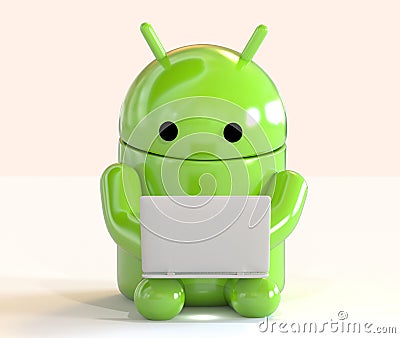 Google Android OS logo mascot working on a laptop on white background Editorial Stock Photo