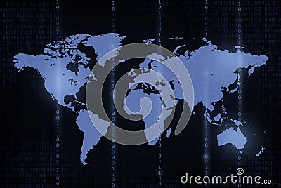 Llustrartion of world map with matrix binary code falling Stock Photo