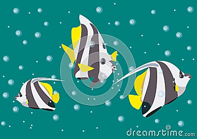 Llustration with angel fishes on the background of the sea depths and bubbles Stock Photo