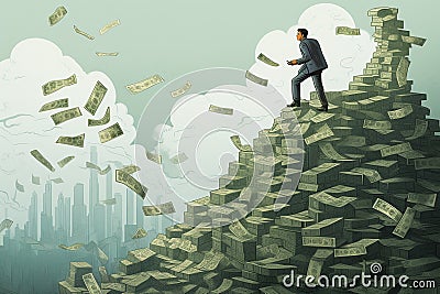 llustration of a businessman on a mountain of money. success concept. Generative AI Stock Photo