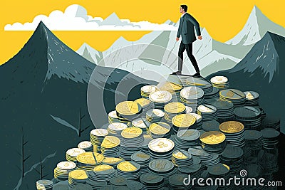 llustration of a businessman on a mountain of money. success concept. Generative AI Stock Photo