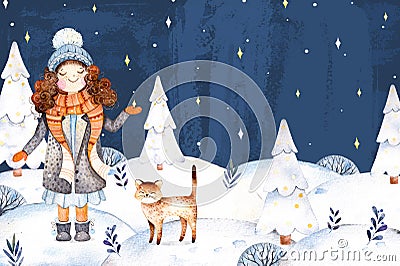 Llustration with a cute girl in a wool coat,scarf,hat and her little friend-cute kitten Cartoon Illustration