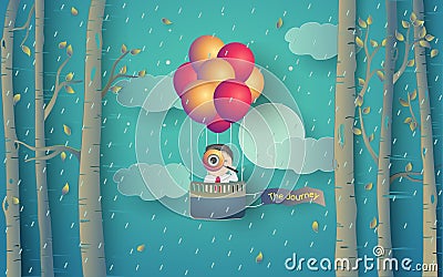 llustration of a man travels looking for an adventure with a hot air balloon on rain forest. Stock Photo