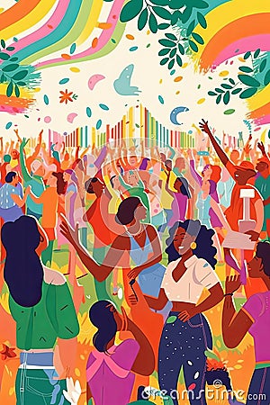llustration of a Pride-themed outdoor music festival, with people dancing, enjoying live performances, and celebrating diversity. Stock Photo