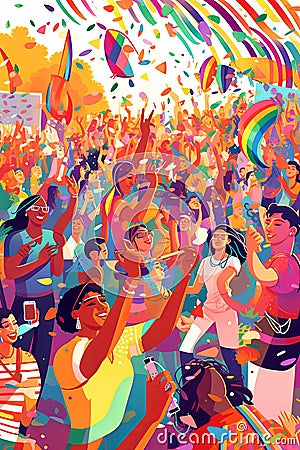 llustration of a Pride-themed outdoor music festival, with people dancing, enjoying live performances, and celebrating diversity. Stock Photo