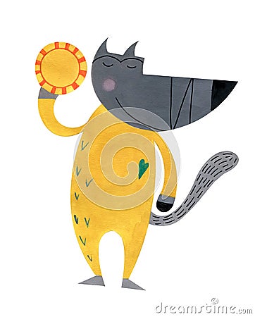 Llustration in scandinavian style gray wolf in yellow overalls with a tambourine. Cartoon Illustration