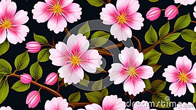 llustration seamless pattern nature, blossom pink flowers. Stock Photo