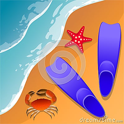 Llustrations at the beach theme. Summer vacation by the sea. Crab, starfish and swimming flippers in the sand. Sea surf Vector Illustration