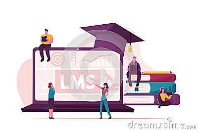 Lms, Learning Management System Concept. Tiny Male and Female Characters around of Huge Laptop with Graphs Vector Illustration