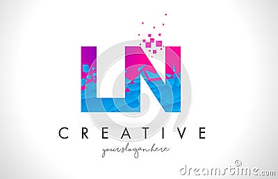 LN L N Letter Logo with Shattered Broken Blue Pink Texture Design Vector. Vector Illustration