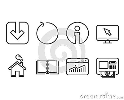 Load document, Website statistics and Loop icons. Internet, Book and Atm signs. Vector Illustration