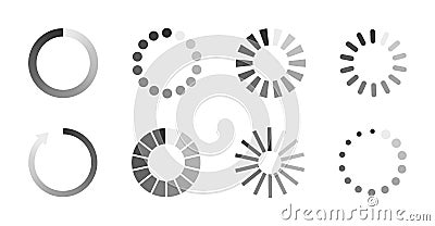 Load icons. Process of wait on digital screen. Bar of circular elements for loading. Buffering download. Progress in speed upload Vector Illustration