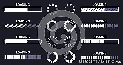 Load indicator. Loading status bar, round buffer download progress and line upload or file transfer waiting bars vector Vector Illustration